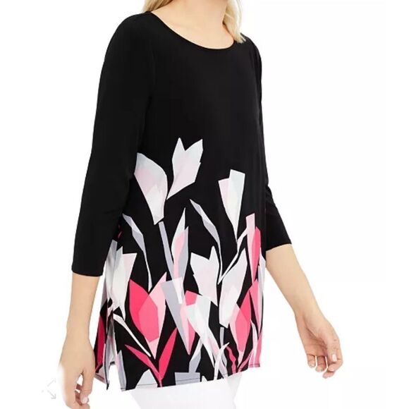 Alfani  Macys Tunic Top Boho Fairy Floral Black White Coral Multi - Picture 1 of 6